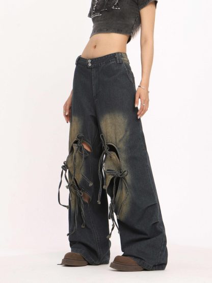 Ripped Love Lace-up Jeans Women's High Waist Straight Wide Leg Pants - Image 6