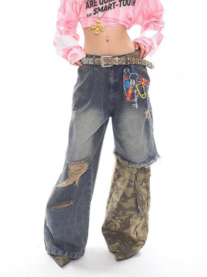 Stitched Camouflage Jeans Fake Two-piece Chain Printed Wide-leg Pants - Image 4
