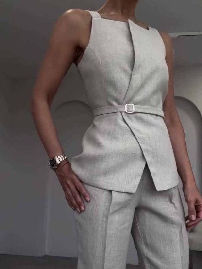 Linen Sleeveless  Top & Cropped Pants Set - Image 2