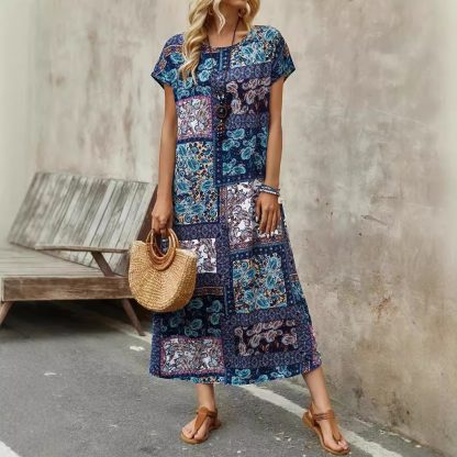 Long Printed Short Sleeve Round Neck Dress - Image 4