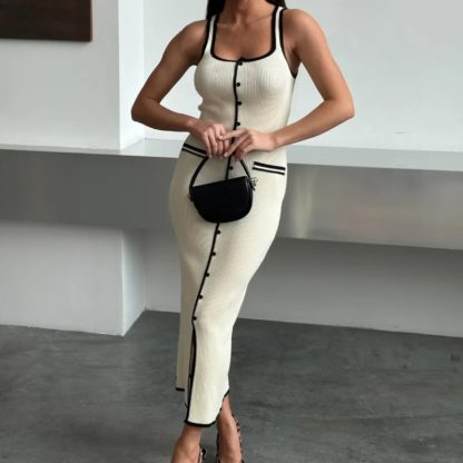Vest-style Dress Contrast Color Single Row Multi-buckle Slit Long Knitted Dress - Image 3