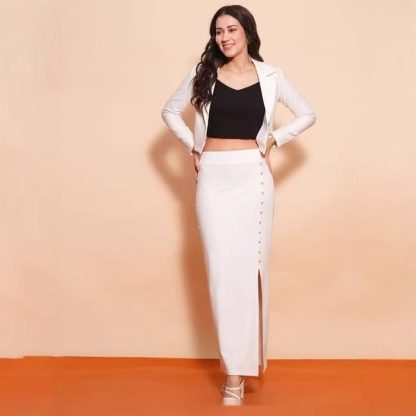European And American Women's Clothing Sunken Stripe Rib Temperament Split Button Sheath High Waist Skirt