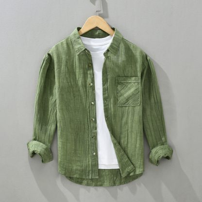 Pleated Lapel Long Linen Sleeves Retro Solid Color Casual Loose Youth Cotton Linen Shirt - Image 7