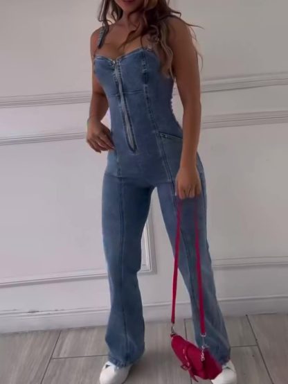 Sleeveless Paneled Zipper Denim Jumpsuit - Image 5