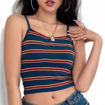 European And American Women's Clothing New Retro Contrast Color Striped Sexy Sling - Image 4