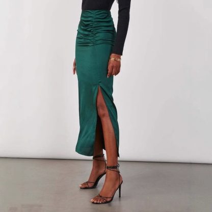 Stitching Split Elegant Silky Draping Satin Sheath Dress - Image 3