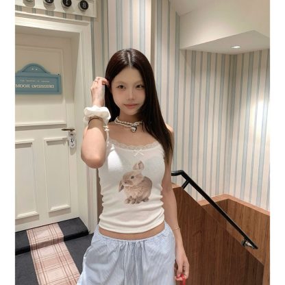 Women's Lace Lace-up Casual Rabbit Vest Top - Image 3