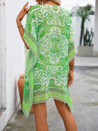 Swim Women's Vacation Paisley Print V-Neck Batwing Sleeve Loose Cover-Up Dress Summer - Image 4