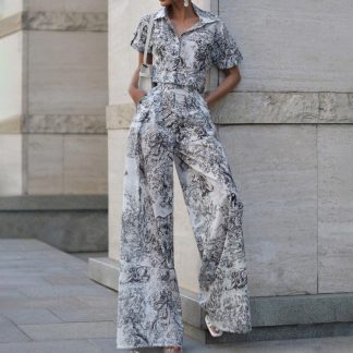Ink Painting Printing Lapel Short Shirt High Waist Wide Leg Pants Two-piece Set