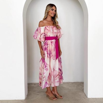 European American Summer New Temperament Shoulder Waist Puff Sleeve Printed Large Swing Dress - Image 3