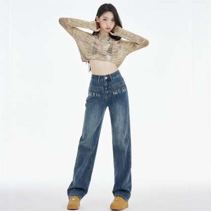 Women's Straight Jeans Dark Blue Embroidered Letters - Image 3