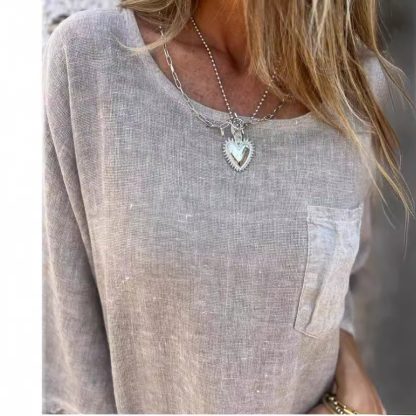 Round Neck Pullover Bat Three-quarter-length-sleeved T-shirt Pocket Color Matching - Image 3