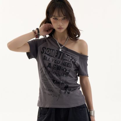 Female American Retro Spicy Girl Letter Slanted Shoulder Short Sleeved Shirt - Image 5