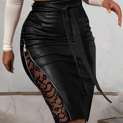 New Sexy Split Lace Stitching Slim-fit Lace Up Leather Skirt - Image 2