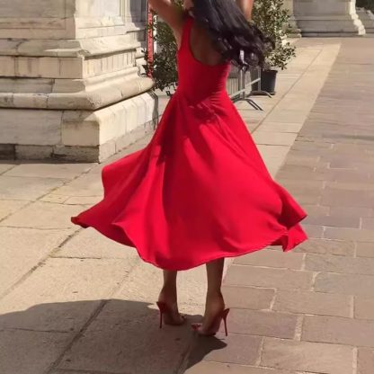 Women's Solid Color Square Collar Sling Dress - Image 4
