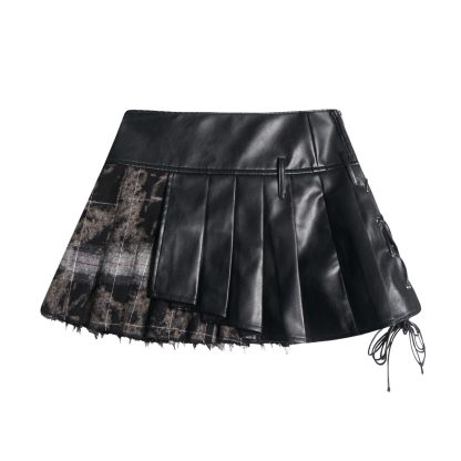 Fashion Leather Stitching Pleated Skirt Women - Image 2