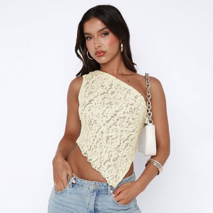 Lace Diagonal Collar Cardigan Loose Stitched Backless Solid Color Top - Image 8