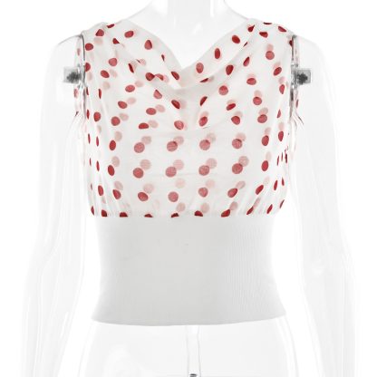 Polka Dots Print Oblique Shoulder Tops Summer Patchwork Chiffon Crop Top Women Sexy Sleeveless Lace Up Backless Blouse Casual Streetwear Tee - Image 10