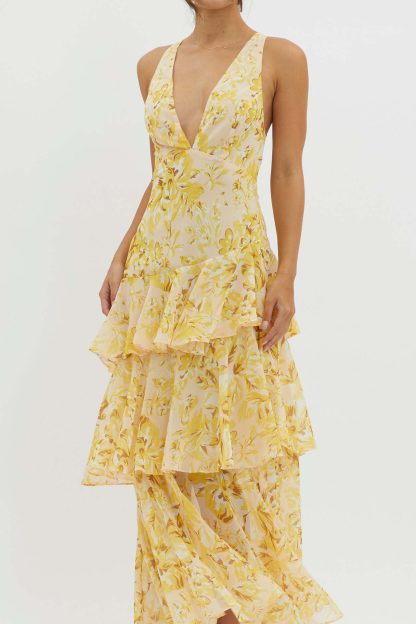 Women's Spaghetti-strap Floral Print Backless Multi-layer V-neck Dress - Image 7