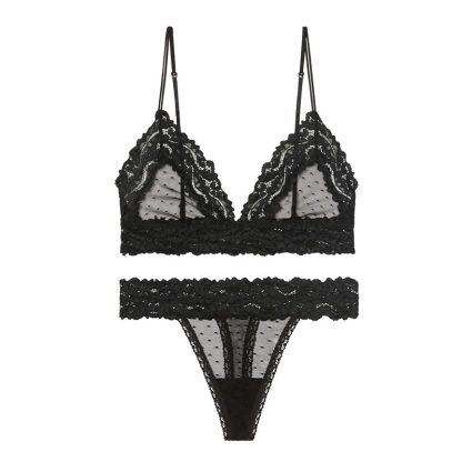 Bra-Set Brassiere Sex-Lingerie-Set Mesh Bralette Lace T-Back Transparent Push-Up V-Neck - Image 3