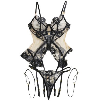 Bra Set Mesh See-through Thin Lace Underwear Three-piece Set - Image 4