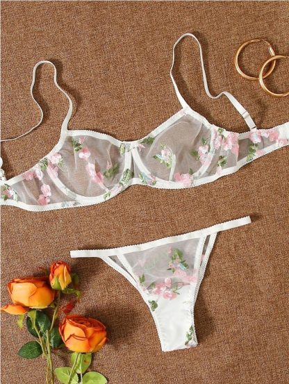 Three-point Mesh See-through Push Up Bras Embroidered Underwear Suit - Image 4