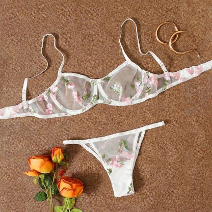 Three-point Mesh See-through Push Up Bras Embroidered Underwear Suit - Image 2