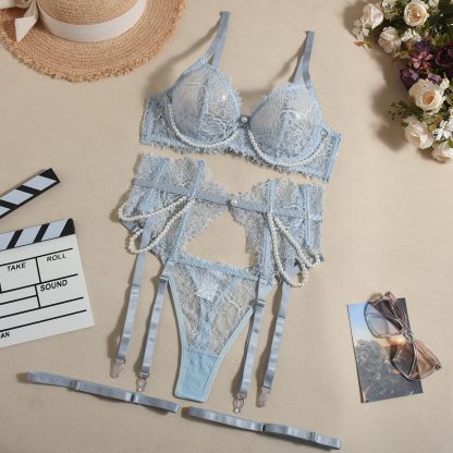 Bra See-through Lace Fishbone Pearl Decorative Sexy Lingerie 4-piece Set - Image 8