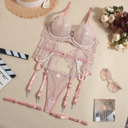 Bra See-through Lace Fishbone Pearl Decorative Sexy Lingerie 4-piece Set - Image 5