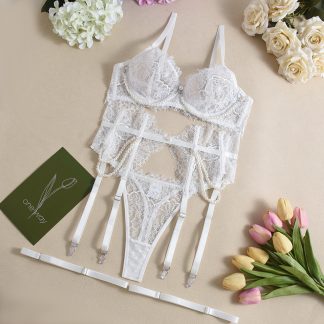 Bra See-through Lace Fishbone Pearl Decorative Sexy Lingerie 4-piece Set