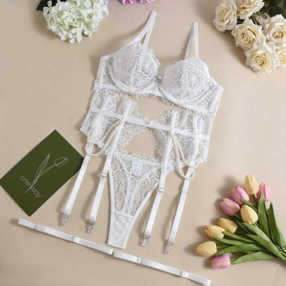 Bra See-through Lace Fishbone Pearl Decorative Sexy Lingerie 4-piece Set
