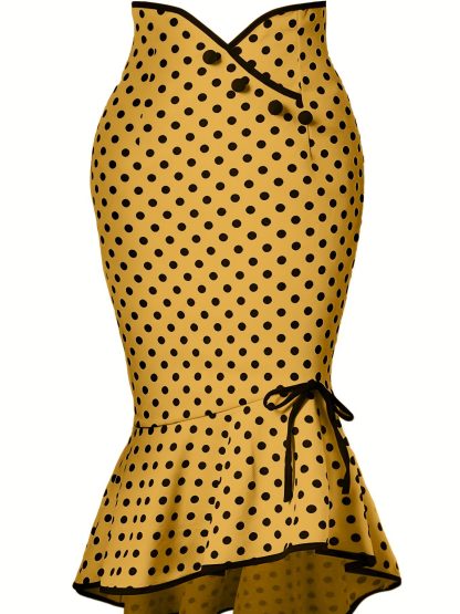 Button Lace-up Polka Dots Half Body Slim-fit Fishtail Skirt - Image 8