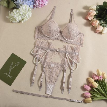 Bra See-through Lace Fishbone Pearl Decorative Sexy Lingerie 4-piece Set - Image 7