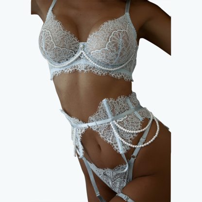 Bra See-through Lace Fishbone Pearl Decorative Sexy Lingerie 4-piece Set - Image 6