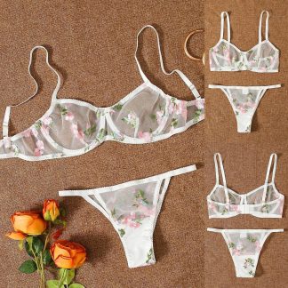 Three-point Mesh See-through Push Up Bras Embroidered Underwear Suit