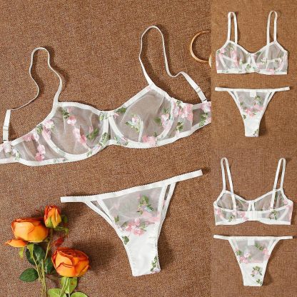 Three-point Mesh See-through Push Up Bras Embroidered Underwear Suit