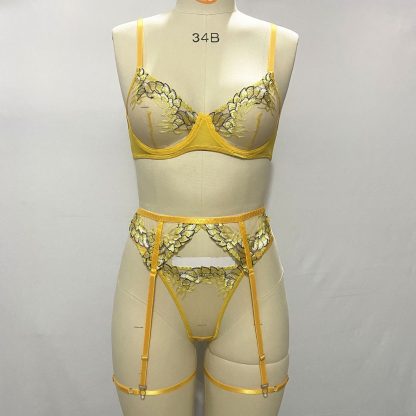 Embroidered See-through Sexy Lingerie 3-piece Bra Set T-back Suit - Image 6